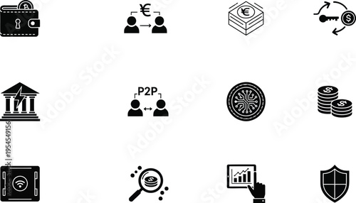 Black and white icons related to finance and banking on a white background