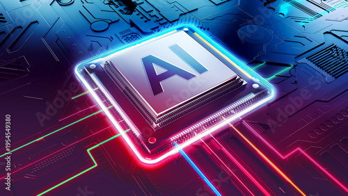 Fotografie 3D rendering of a powerful AI processor chip on a futuristic circuit board with glowing neon data lines