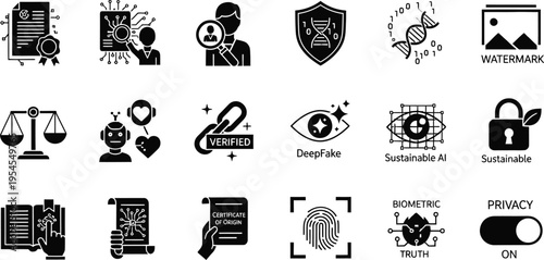 Cyber security and legal solid icon set. Includes symbols for data protection AI verification digital identity and online safety. Solid vector icons for technology and regulatory compliance.