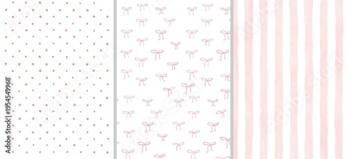Watercolor backgrounds set with light pink stripes, pink dotes and small bows. Perfect for backgrounds, stationery, packaging, Valentine's Day, Christmas designs and Wedding invitations.