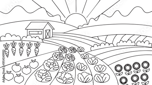 Black and white line art illustration of a farm with crops