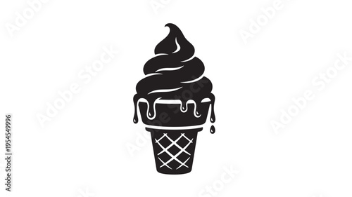 Ice cream cone black icon with dripping melted soft serve and waffle cone texture detail isolated on white