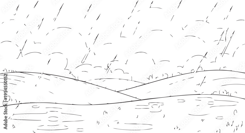 Fototapeta premium Simple black and white line art illustration of a rainy landscape scen