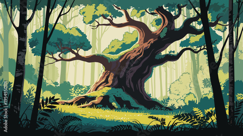 Cinematic cartoon illustration of a majestic ancient tree in a lush fo
