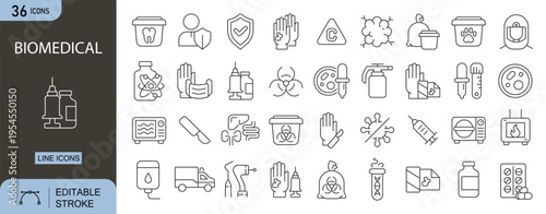 Biomedical icons set representing medical research, laboratory science, equipment, diagnostics, healthcare technology and biological analysis . Editable Stroke.