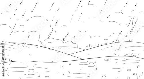 Simple black and white line art illustration of a rainy landscape scen