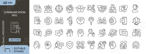 Communication skill icons set showing speaking, listening, presentation, teamwork, interaction, messaging and effective communication abilities. Editable Stroke