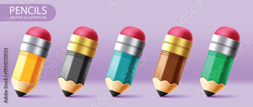 Colorful 3d Pencil clipart set. 3d Pencil multicolored clip art for school and office writing art materials educational tool graphic design collection with sharp, glossy and wooden drawing