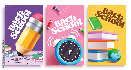 Back to School greeting clipart poster set design. Back to School greeting text clip art with pencil, alarm clock and textbook educational supplies in colorful background for teachers and students