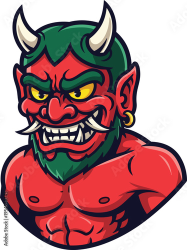 Cartoon devil illustration red skin and green hair isolated on white