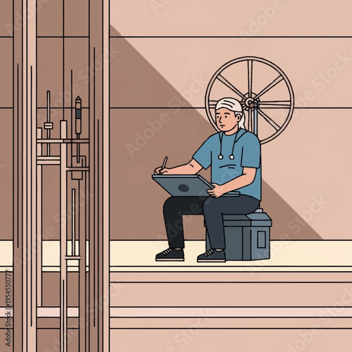 An artist sits on a stool, drawing on a tablet with a stylus, with a large wheel and intricate machinery in the background.