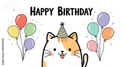 Vector birthday cat illustration with balloons and party hat