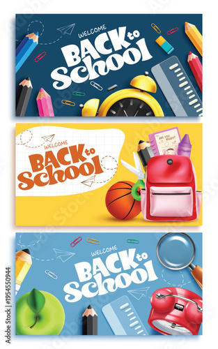 Back to School greeting clipart banner set design. Welcome Back to School greeting text clip art with School elements like alarm clock, backpack, ruler, color pencil and magnifying glass