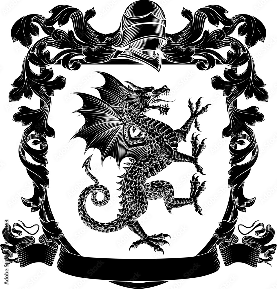 Fototapeta premium A dragon coat of arms or crest family heraldry medieval heraldic animal knight shield. With helmet and acanthus filigree scroll ornament in a vintage woodcut style.