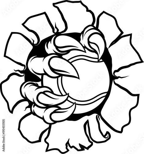 A tennis claw sports illustration of an eagle or animal monster hand holding ball