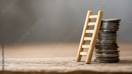 Wooden ladder leaning against stack of coins symbolizing financial growth and investment opportunities in a modern economy