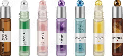 Diverse collection of essential oil rollerball bottles each labeled for specific wellness benefits like calm focus and energy perfect for natural self-care aromatherapy marketing and holistic health c