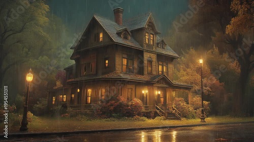 Evening scene of a large house with glowing windows and outdoor lamps