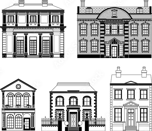 Victorian outline house building set with old English houses and buildings. Georgian mansion and manor style homes set. Vintage British architecture facade illustrations for backgrounds set.