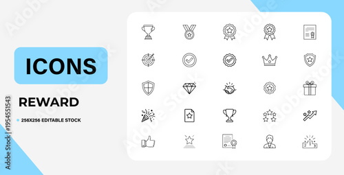 Reward set of web icons in line style. A collection of linear icons representing various reward concepts, including gift, trophy, recognition, reward program, medal, bonus, and more. Editable stroke.