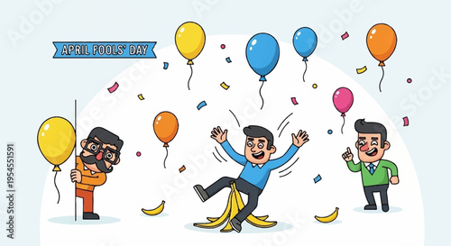 Cartoon people slipping on banana peels with colorful balloons and confetti comedic scene