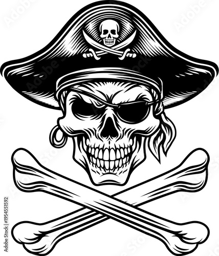 Pirate skull crossbones wearing a tricorn captain hat with crossing bones. In a vintage retro woodcut style.
