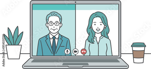 Online job interview on laptop with two people video call meeting