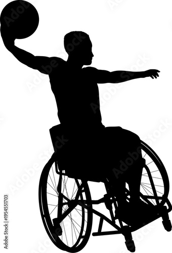 Silhouette of male athlete man in sports wheelchair basket baller basketball player.