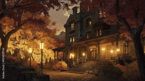 Evening view of a grand building with warm lighting and lush foliage