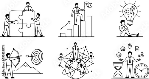 Line art vector set of business concepts including teamwork, goal targeting and global network