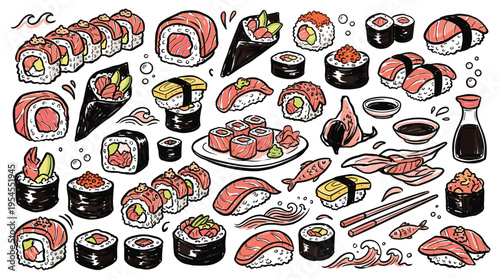 Hand drawn doodle sushi set with various rolls nigiri and sashimi on white background