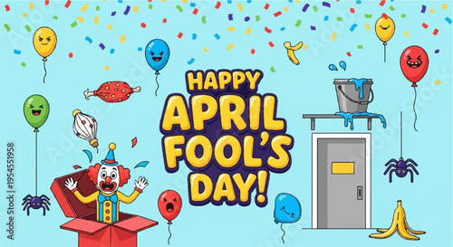 Colorful april fools' day celebration with cartoon characters and confetti