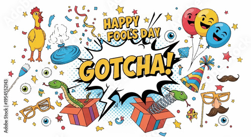 Colorful cartoon food themed party celebration with gifts and confetti