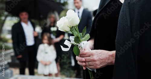Konstfotografi Funeral, rose and old woman in cemetery with hands, family grief and burial ceremony for final goodbye