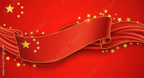 Red ribbon banner with gold stars on textured red background for celebrations festive decorations and party themes