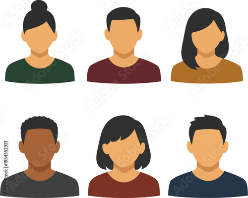Flat vector illustration of six diverse faceless avatars featuring bun hair woman in green, young male, long hair female in mustard, dark skin man, bob hair girl, and casual male
