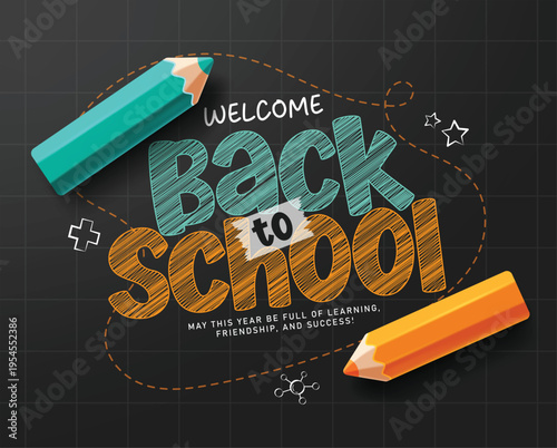 Welcome Back to School greeting clipart design. Back to School typography text in lettering editable word clip art with blue and orange color in doodle black grid line space background for education