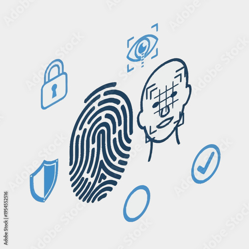 Isometric illustration of biometric security features, including fingerprint, face scan, and eye scan.