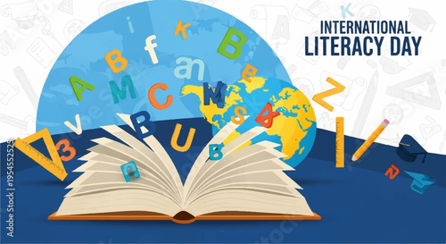 International literacy day graphic with open book and colorful alphabet letters flying out symbolizing education and learning on a global scale with a blue and white background