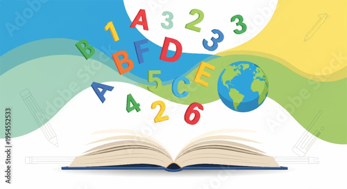 Open book with colorful letters and globe emerging symbolizing education and learning