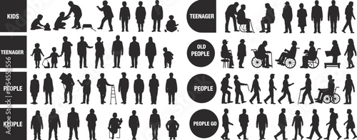 Black silhouette collection of diverse human figures showing kids, teenagers, adults, old people, mobility actions, lifestyle poses vector illustration