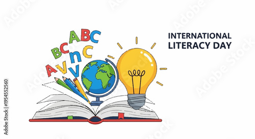International literacy day illustration with globe book and lightbulb symbolizing education and learning