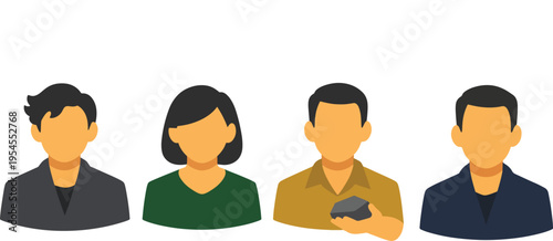 Flat vector illustration of four diverse faceless people avatars including casual man, woman in green top, man holding phone, and man in blue jacket on white background
