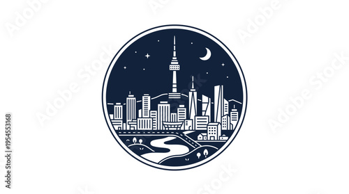 Circular Emblem of a Modern City Skyline at Night.