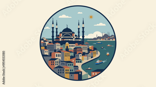 Colorful Istanbul Cityscape with Hagia Sophia Mosque and Bosphorus.