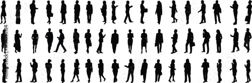 Black silhouette collection of forty business people standing and interacting in diverse professional poses with briefcases, mobile phones, corporate attire vector