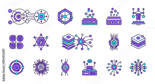 Nanotechnology microchip processors quantum computing and futuristic science tech icons vector illustration