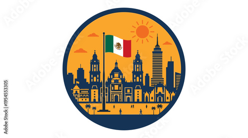 Mexican Flag Flying Over Historic Cityscape Skyline.