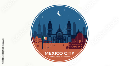 Mexico City skyline at night with iconic buildings.