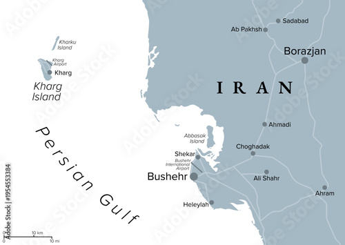 Kharg Island, also Khark or Charg Island, political map. Referred to as Forbidden Island of Iran in the Persian Gulf, northwest of Strait of Hormuz, about 55 km northwest of port city Bushehr. Vector